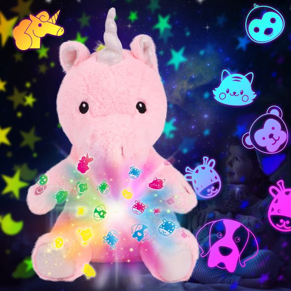 Cuteoy Plush Pink Unicorn Star Projector Musical Adjustable Singing Night Light Stuffed Animals Glowing Plushies Toy Gifts for Kids Birthday Easter Christmas,13''