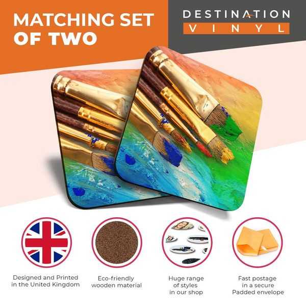 2 x MDF Glossy Top Coasters Square - Paint Brushes Painter 14187