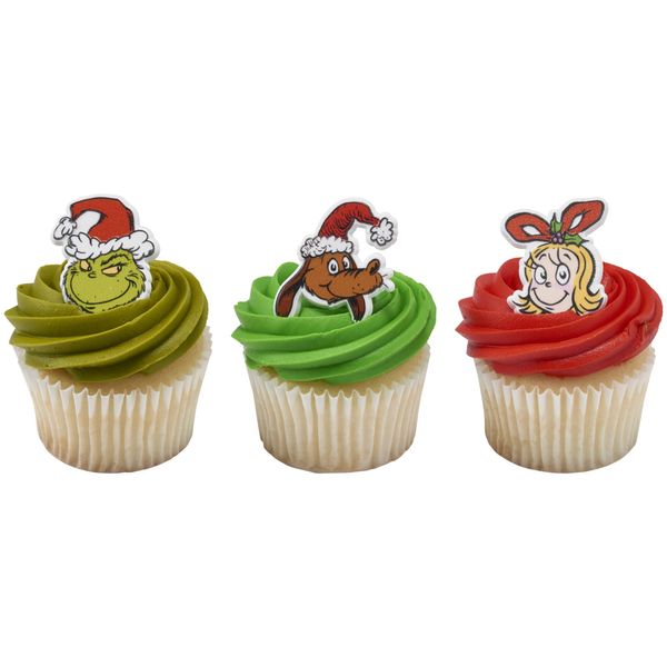 DecoPac How The Grinch Stole Christmas! Rings, Cupcake Decorations With Cindy Lou Who, The Grinch, Max, Christmas Cake Toppers, Food Safe Festive Cupcake Toppers – 24 Pack