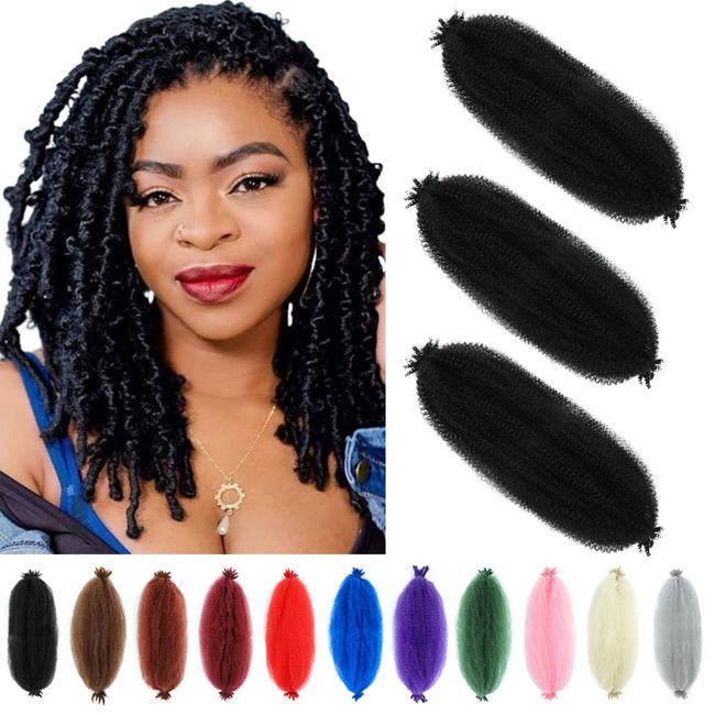 Springy Afro Twist Hair 12 Inch 3 Packs Black Color Pre Fluffed Marley Twist Braiding Hair for Black Women (12 inch, 1B)