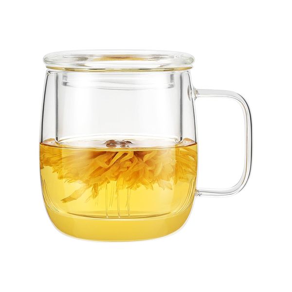 VKCHEF Tea Cup Heat-resistant Glass Cup with Tea Infuser Mug with Lid, Stylish, Tea Set, Tea Pot, Heat Resistant, Cup, Coffee Cup, 13.5 fl oz (400 ml), Dishwasher Safe, Microwave Safe, New Life,