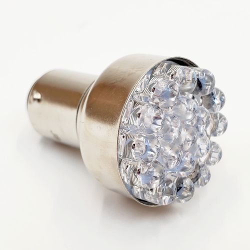 Amber LED Motorcycle Turn Signal Bulb with 1157 Dual Contact Socket for 12 Volt System – 19 LED Cluster 7000 MCD Output – Low Profile 1” OD – Vibration Resistant – SOLD INDIVIDUALLY