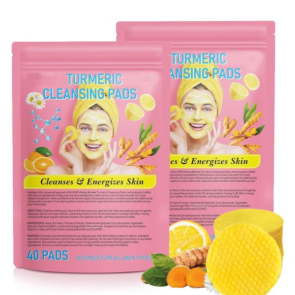 Turmeric Cleansing Pads for Face: Facial Scrub Cleansing and Exfoliation Makeup Remover Wipes 80PCS (2 * 40PCS)