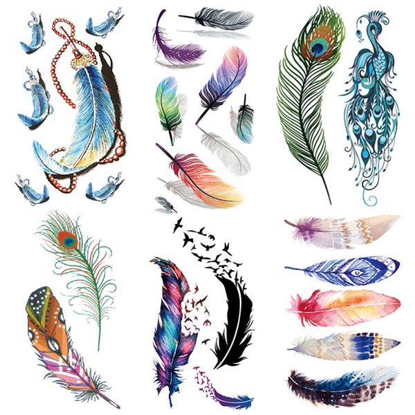 Yesallwas Stylish Tattoo Stickers, Cute, Feathers, Set of 6, Colorful Feathers, Tattoo Stickers, Cute, Peacock Feathers, Feathers, Realistic Tattoo Stickers, Body Stickers, Kids, Women's, Waterproof, Long Lasting, 2.4 x 4.1 inches (6 x 10.5 cm), Feather