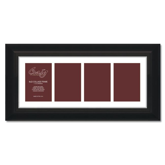 Craig Frames 21834700BK 9 by 22-Inch Black Picture Frame, Single White Collage Mat with 4-5 by 7-Inch Openings