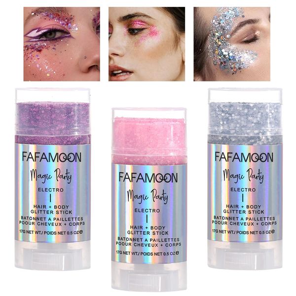 Dulele 3 PCS Body Glitter Stick, Pink/Purple/Silver Body Shimmer Glitter Gel, Glitter Gel Mermaid Sequins for Face/Body/Hair, Sparkling Face Glitter Makeup (A, M)