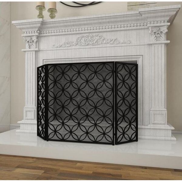 Modern Contemporary Black Metal Abstract Design Folding 3 Panel Fireplace Screen