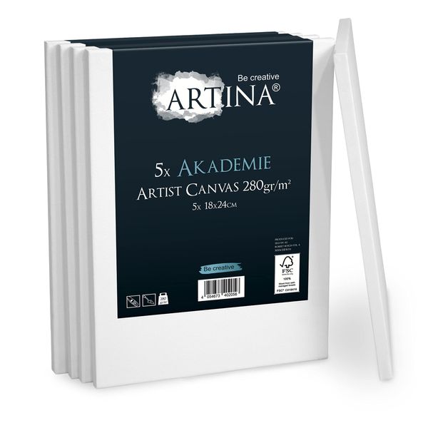 Artina FSC Canvas Set 5pcs Akademie 18x24 cm – 100% Cotton Canvas Stretcher Frame 280 g/m² - Blank Canvases for Art for Acrylic, Watercolour & Oil Painting