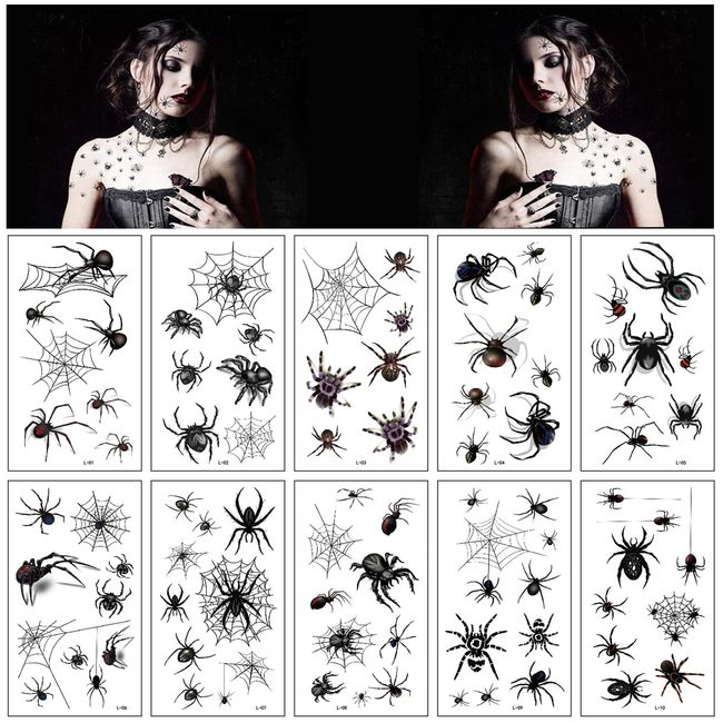 Adisno 10 Sheets Spider Web Makeup Stickers, Halloween Makeup Tattoo, Spider Web Face Temporary Tattoo for Halloween Masquerade Carnival Party Punk Gift