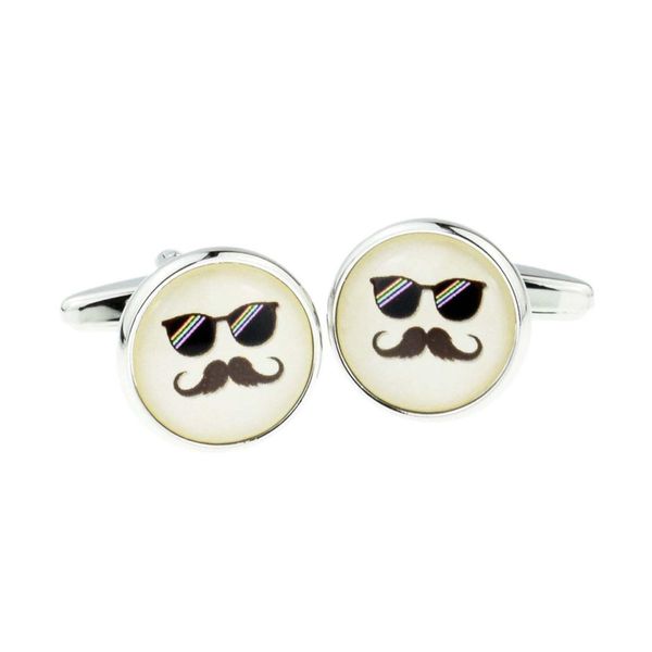 Cool Reflection Sunglasses and Moustache Design Round Cufflinks, Presented in a Personalised Engraved Box