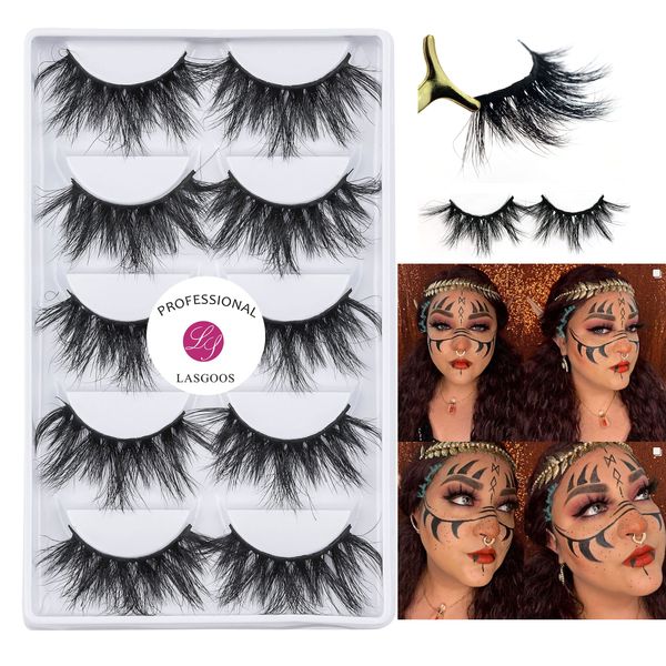 3D Mink 25mm False Eyelashes LASGOOS Siberian Luxurious Soft Cross Thick Very Long Wedding Dram Party 5 Pairs Fake Eye Lashes (E89-5)