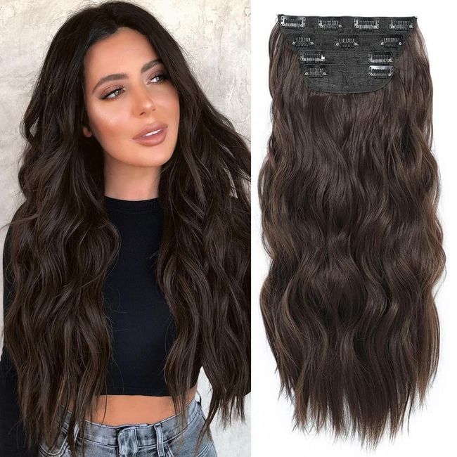 Hair Extensions Clip in 4pcs Natural Brown Hair Extension Long Wavy Full Head Clip in Hair Extension Synthetic Fiber Hair Pieces for Women