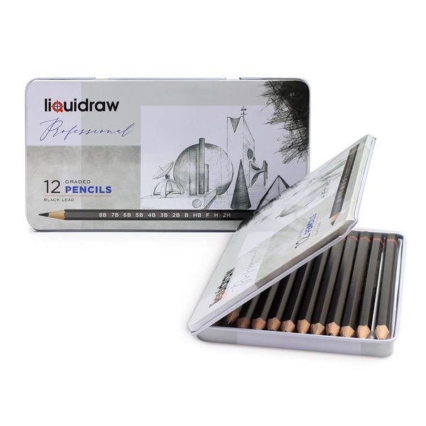 Liquidraw Drawing Pencils Set of 12, Graded Pencils For Artists, Sketching, Art, Sketch (8B-2H) Graphite Hard & Soft Pencil Set