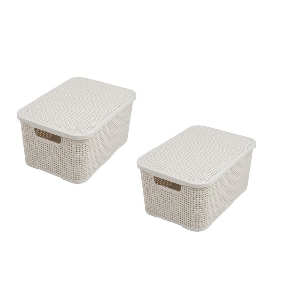 BranQ - Home essential Deckel Korb in Rattan Design 2er Set Grösse L 19l, Kunststoff PP, Creme, 19 l