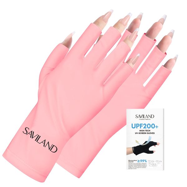 Saviland U V Gloves for Gel Nails - UPF200+ U V Protection Gloves for Gel Manicures,Anti UVA & UVB 999+U V Nail Gloves for Gel Nail Lamp Skin Care Fingerless Gloves Protect Hands from U V Damage(Pink)