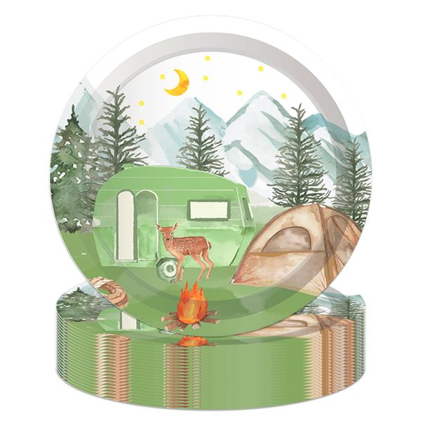 Jajajuegos 7" Camping Paper Plates Celebrate Party Tableware Round Sage Green Camp Van Camping Disposable Dinner Paper Plates Set Camping Theme Party Paper Plates Festival Party Supplies(24 pcs)