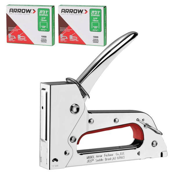 Arrow JT27 Light Duty Staple Gun Kit, Thin Wire Stapler with 2000 Pieces JT21 3/8" Staples, Lightweight Chromed-Steel Housing