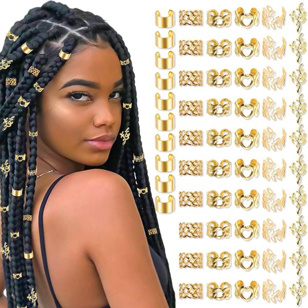 VENOFEN 60PCS Gold Hair Jewelry Adjustable Hair Cuffs Metal Braid Clips Loc Jewelry Hair Rings Mix Styles Non-Piercing Ear Cuffs Dreadlock Accessories for Women and Girls