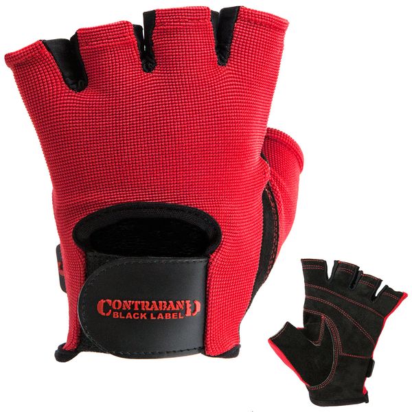 Contraband Black Label 5050 Mens Basic Leather Fingerless Weight Lifting Gloves - Durable Light - Medium Padded Split Leather Gym Gloves - Perfect Classic Lifting Gloves (Pair) (Red, Medium)