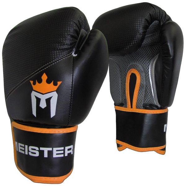 Meister Pro Boxing Gloves w/Wrist Support (Pair) - 16 Ounce, Adult, Black/Orange