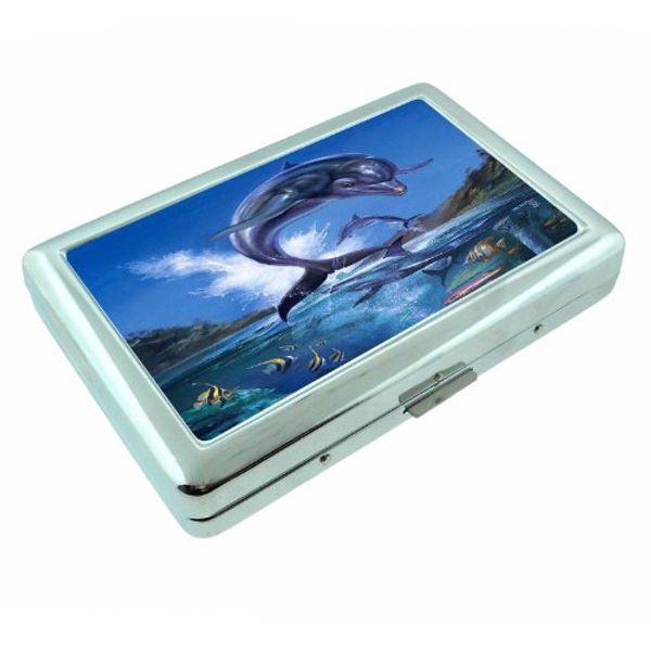 Metal Silver Cigarette Case Holder Box Dolphins Design-006