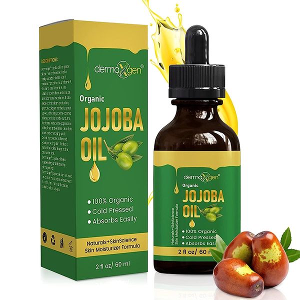 DERMAXGEN Jojoba Oil -100% Organic & Cold Pressed Oil - Anti-Aging Moisturizing Treatment for Face, Hair, Skin & Nails, Acne Scars, Anti-Wrinkle. (2 FL OZ)