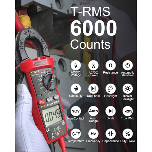 Digital Clamp Meter, Multimeter TRMS 6000 Counts Amp Volt Meter Auto-ranging Measures AC/DC Voltage, AC/DC Current Capacitance NCV Frequency Live Wire Resistance Diode Temperature Continuity MY2610D