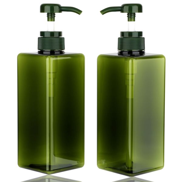 Pump Bottle Dispenser 22oz/650ml Jansburg 2Pack Refillable Square Plastic Lotion Dispenser Empty Lotion Pump Bottle for Essential Oil Lotion, Shampoo, Bathroom Travel Green