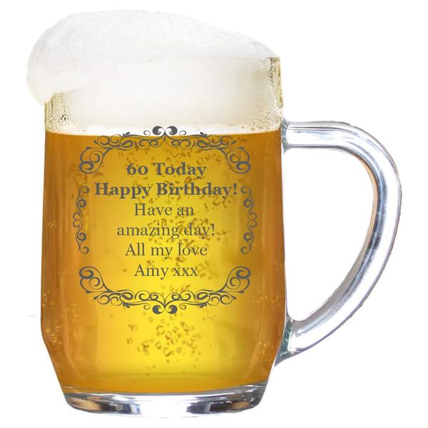 Birsppy Personalised Tankard Glass Stein Engraved 1 Pint Beer Tanker Men Handle Wreath Ornate Frame Gift Box 590 ml