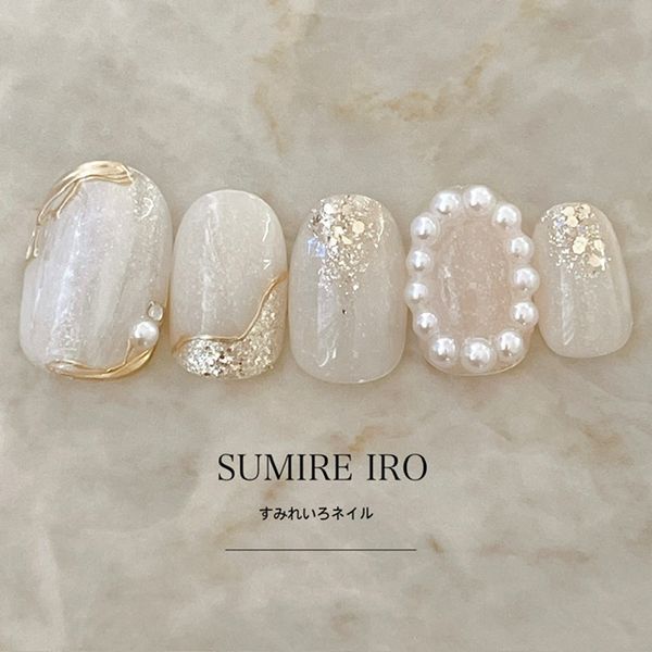 Nail tips False nails Bridal nails Short Coming-of-age nails Design Simple nails Nail Beige nails Small nails Large nails Very short Chibi nails Adult nails False nails Custom nails<br> [o2127] White marble mirror line surround pearl moat grade