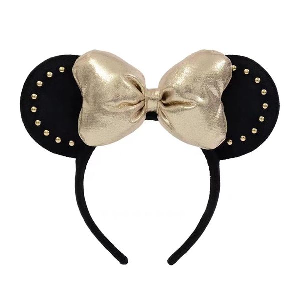 JIAHANG 3D Mouse Ear Headband with Gold Bow, Velvet Hairband Party Decoration Costume Headwear Hair Accessories for Women Girls (3D-gold rivet)