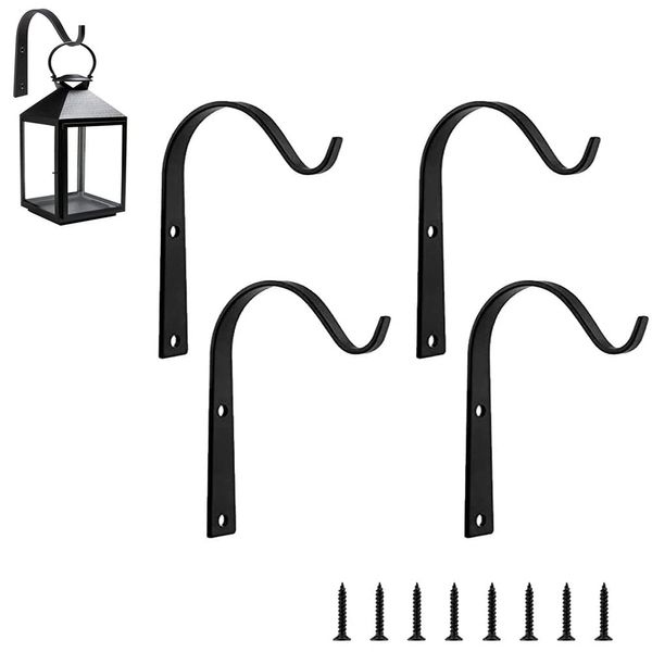 Lxoraziy 4 Pcs Hooks for Hanging Baskets, Wall Hanging Bracket Plant Hooks, Black Metal Hanging Bracket, Outdoor Indoor Garden Hook Décor, for Plant Basket, Lantern, Bird Feeders(Black)