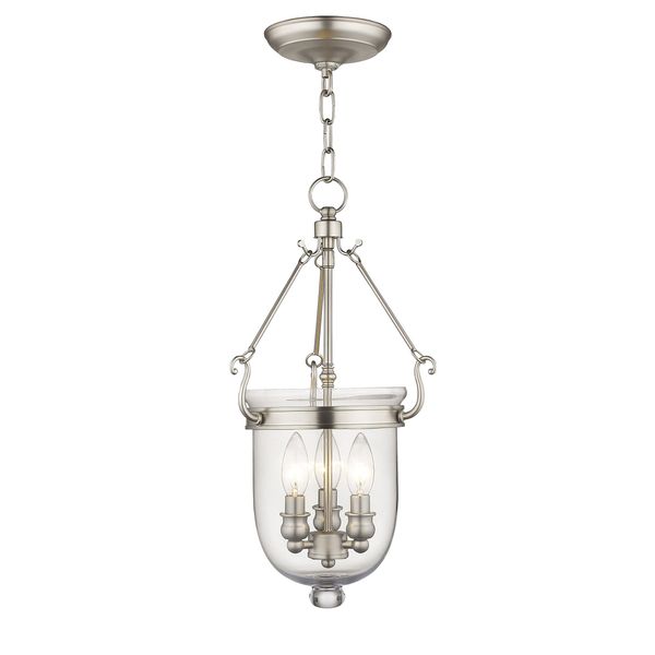 Livex Lighting 5063-91 Jefferson 3 Light Brushed Nickel Bell Jar Hanging Lantern with Clear Glass