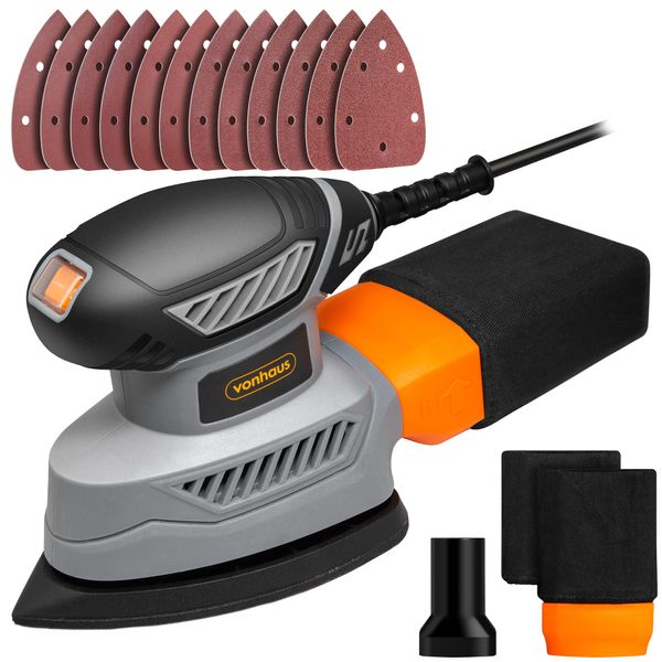 VonHaus Detail Sander - 130W Electric Sander for Wood with Dust Collector, 12PCS Sandpaper - 13000RPM Compact Palm Sander Ideal for Tight Space Sanding, Home Improvement - Ergonomic Design Hand Sander