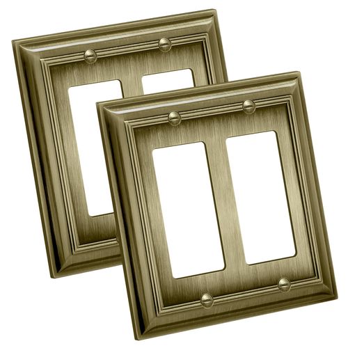 [2 Pack] BESTTEN Grand Collection 2 Gang Zinc Alloy Aged Brass Metal Decor Wall Plate, Decorator Antique Brass Outlet and Switch Cover, Durable Corrosion Resistant