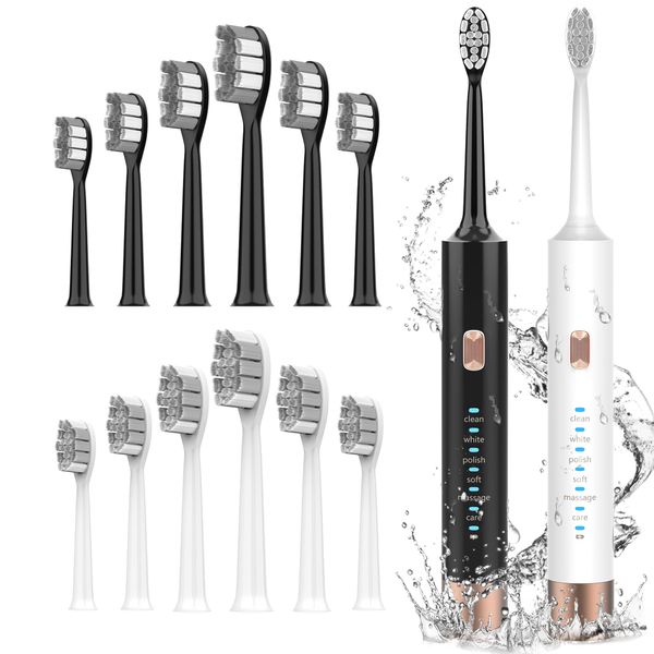 Aneebart Sonic Electric Toothbrush 2 Pack，Electric Toothbrush for Adults and Kids ，Travel Electric Toothbrush Includes 12 Dupont Brush Heads，IPx7 Waterproof (Black White)