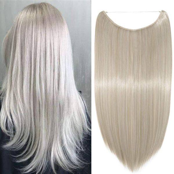 Silk-co One Piece Straight Wire String Hairpiece Extensions 20in Wire on Hairpiece Invisible Heat-Resistant Blond&Silver Grey