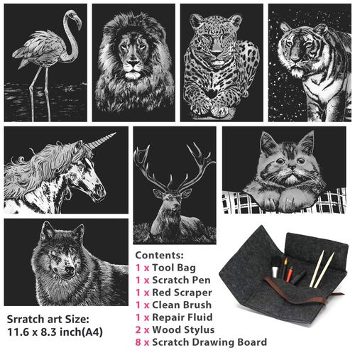 Scratch Art for Kids & Adults, Rainbow Painting Night View Scratchboard(A4), Crafts Set: 8 Sheets Scratch Cards with 6 tools in Bag - Unicorn/Flamingo/Cat/Deer/Lion/Tiger/Leopard/Wolf (Animal Series)