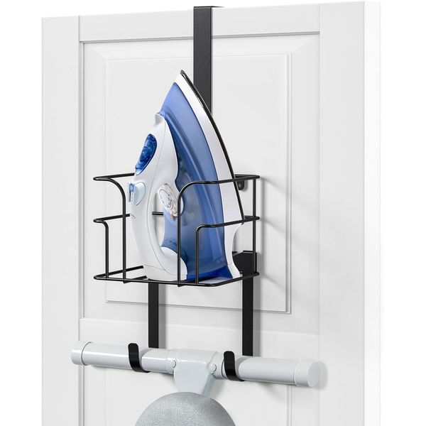 Over The Door/Wall Mount Ironing Board Hanger, Laundry Room Iron and Ironing Board Caddy Storage Holder, Black (Black)