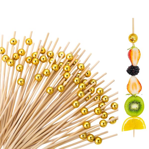 200 Pcs Gold Cocktail Picks Wooden Toothpicks Gold Pearl Food Picks Bamboo Cocktail Sticks Skewers Toothpicks for Appetizers Party Decoration