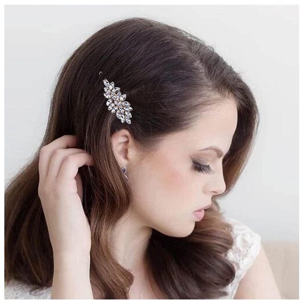 Allereya Rhinestone Leaf Hair Clip Pins Barrette Crystal Wedding Hairpins Barrette Gold CZ Bling Bridal Headpieces Decorative Head Clip Headwear Bridal Hair Accessories for Women and Girls (Gold)