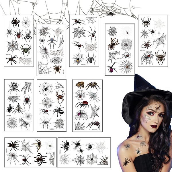 Halloween Face Tattoos Spider Temporary, Realistic Horror Decal Spider Web, Spider Net Temporary Tattoos, Costume Apparel Cosplay Accessories Party Favor Supplies