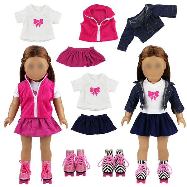 Barwa 2 Sets Doll Clothes and 2 Pairs Ice Skates Boots Shoes Fashion Autumn Clothing Dress Sets Compatible for 18 Inch Doll Xmas Gift