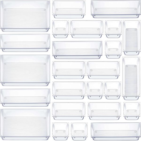 25 PCS Clear Plastic Drawer Organizers Set, 4-Size Versatile Bathroom and Vanity