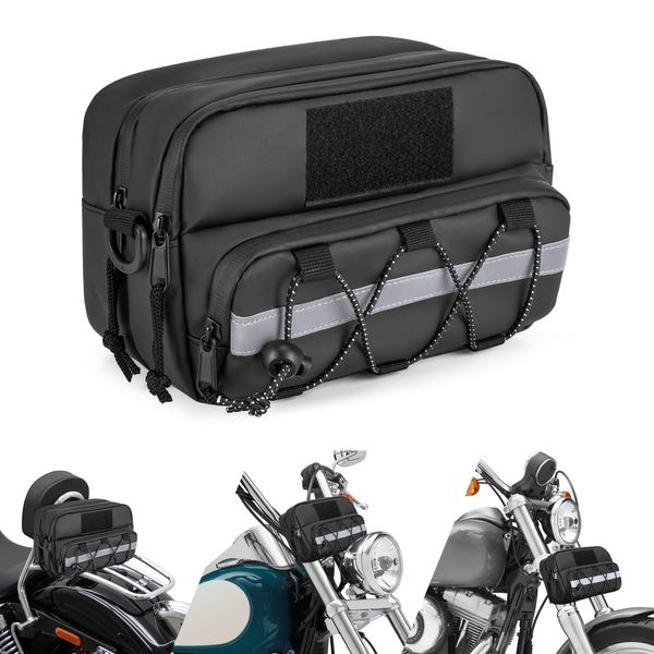 HODRANT Waterproof Motorcycle Handlebar Bag, Double-Layer Bicycle Handlebar Bag with Shoulder Strap & USB Charge Hole, Motorbike Storage Accessory Pouch for Cruiser Dyna Softail Sportsters, Bag Only