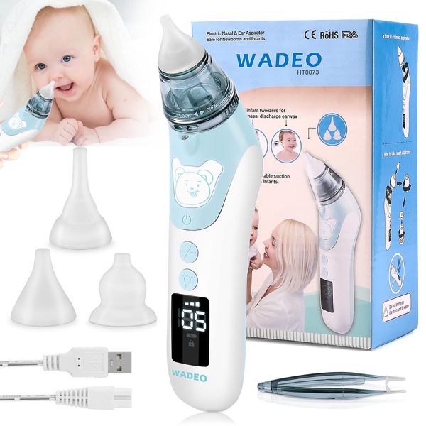 WADEO Upgraded Nasal Aspirator Baby, Electric Baby Nose Unblocker with 5 Suction Levels & 3 Silicone Tips, Rechargeable Baby Nose Suckers for Newborn & Toddlers, LCD Screen & LED Light Included