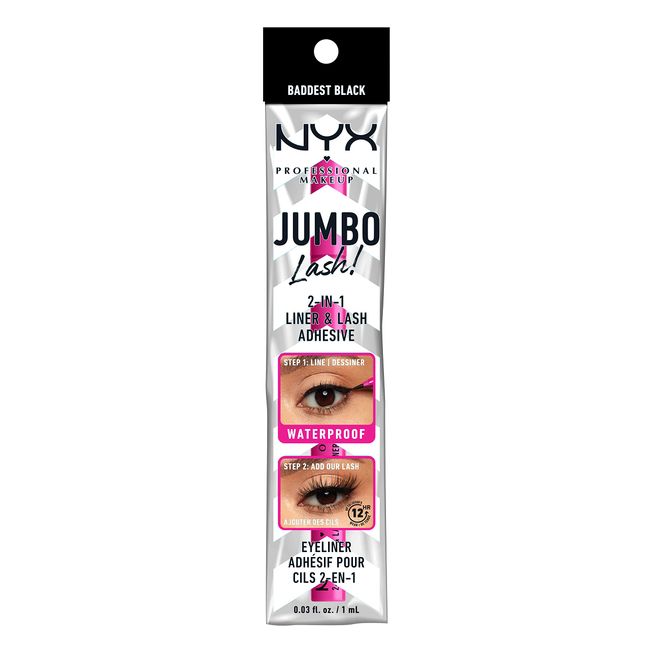 NYX Professional Makeup 2-in-1 Liner & Wimpernkleber, Hohe Haltbarkeit, Wasserfeste Formel, Filzstift-Applikator, Jumbo Lash!, Baddest Black