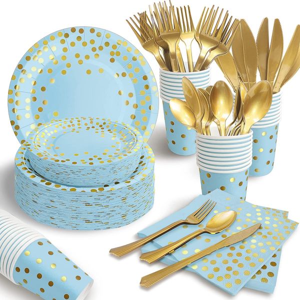 175Pcs Blue and Gold Party Decorations, Serves 25 Blue Paper Plates Party Supplies Gold Plastic Forks Knives Spoons and Golden Dot Napkins Cups for Baby Shower Decorations for Boy