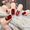 Wedity 24Pcs claret Short Chessboard Love False Nail Pearl Leaf Acrylic False Nails Press on Nails for Women Girls (D)