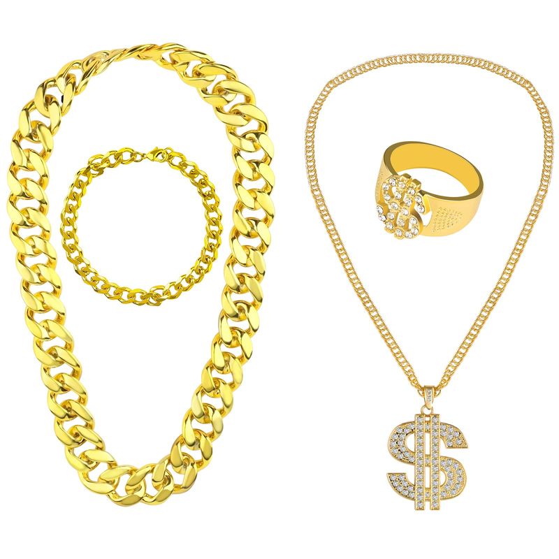 KINBOM 4pcs Hip Hop Costume Kit, Dollar Sign Necklace and Ring Rapper ...